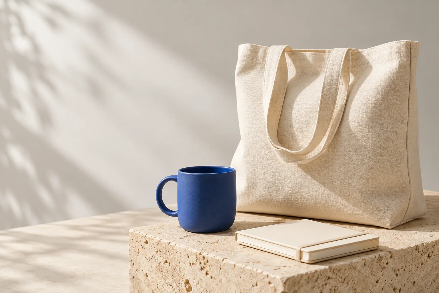 Bolsa de algodão cru, caneca e caderno em um kit ilustrativo