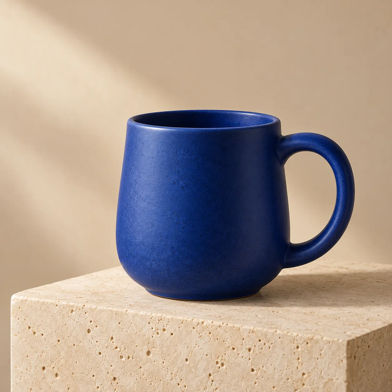 Caneca de cerâmica azul cobalto sobre uma base de pedra clara